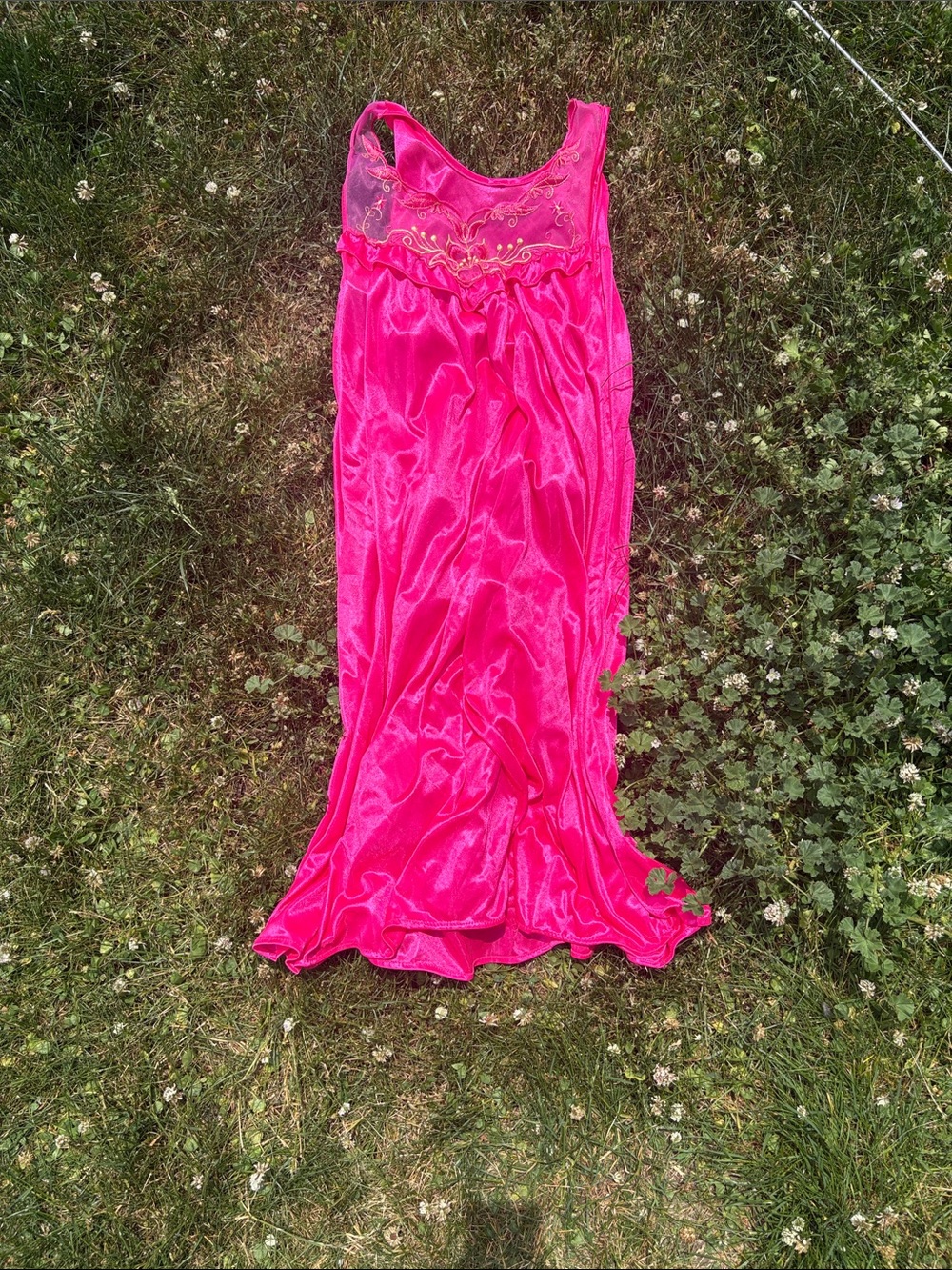Bright Hot Pink Satin Nightgown with Embroidered Yoke